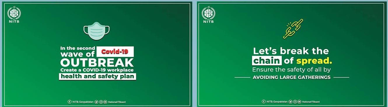 Two green posts on COVID-19: one on a workplace health and safety plan for the second wave, and one on avoiding large gatherings to break the chain of spread.
