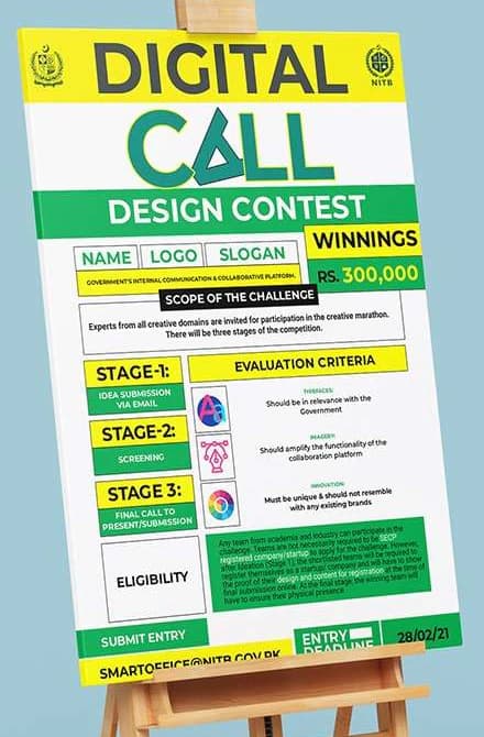 The Digital Call design contest poster in yellow and green, on an easel. It sets a name, logo and slogan challenge with Rs 300,000 in prizes, and lists the three stages, the evaluation criteria and the entry deadline.
