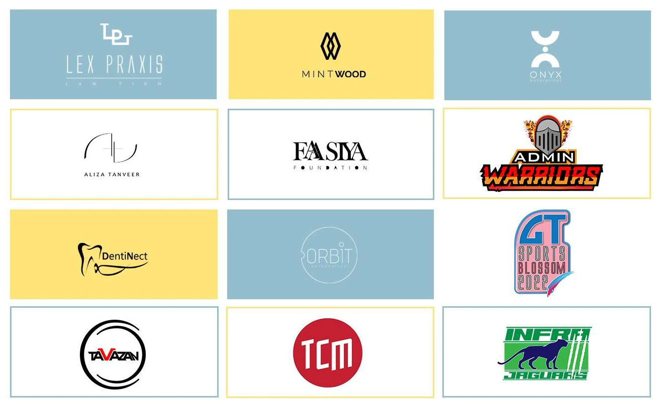 Twelve logos in a grid: Lex Praxis, Mintwood, Onyx, Aliza Tanveer, Fasiya Foundation, Admin Warriors, DentiNect, Orbit, GT Sports Blossom 2022, Tavazan, TCM and Infra Jaguars.