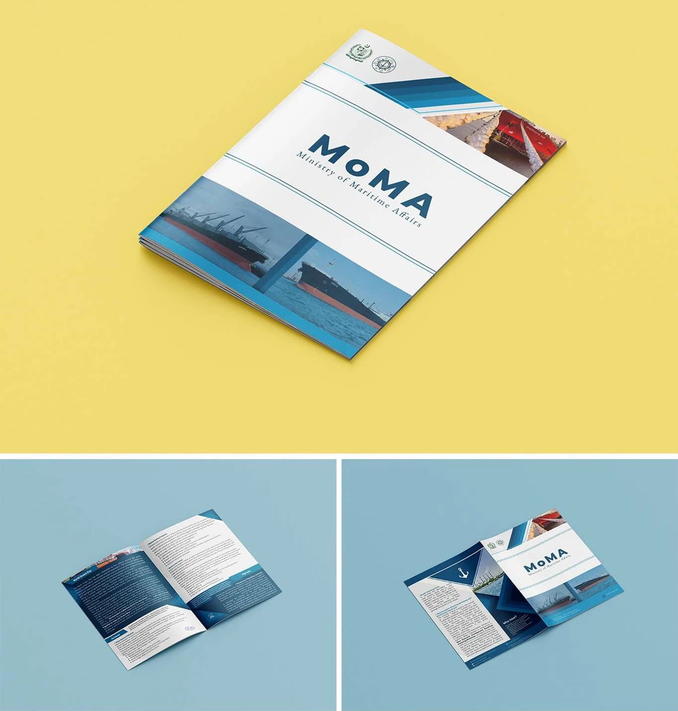 The Ministry of Maritime Affairs brochure: the cover, with photos of cargo ships, and two inside spreads.