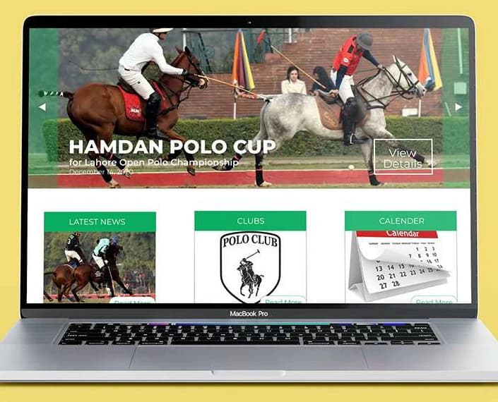 The Pakistan Polo Association website on a laptop, with the Hamdan Polo Cup as the hero above latest news, clubs and the calendar.