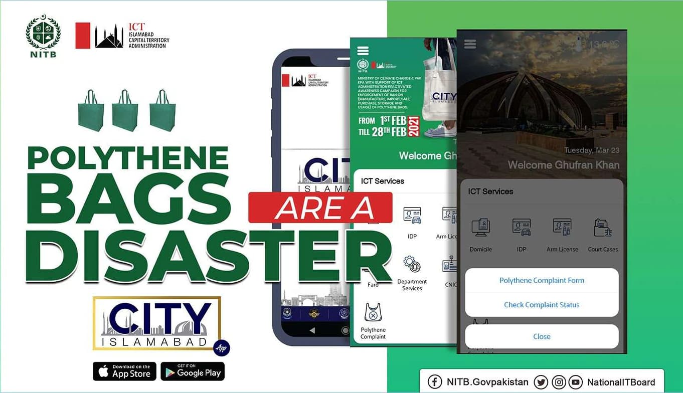 A post saying polythene bags are a disaster, for the City Islamabad app, with phone screens showing the ICT services menu and the polythene complaint options.