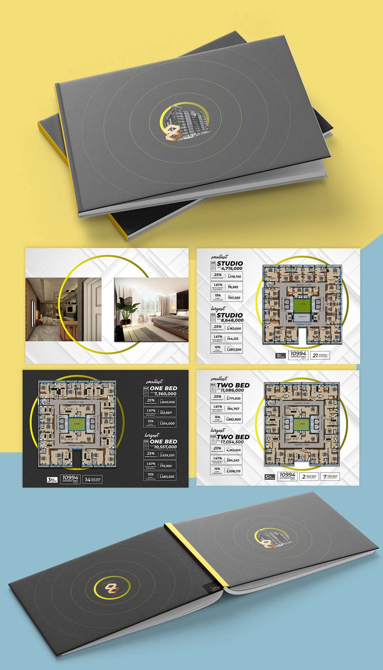 A real estate brochure for a building of studio, one bed and two bed apartments: the grey cover, four spreads with floor plans and prices, and the brochure open.
