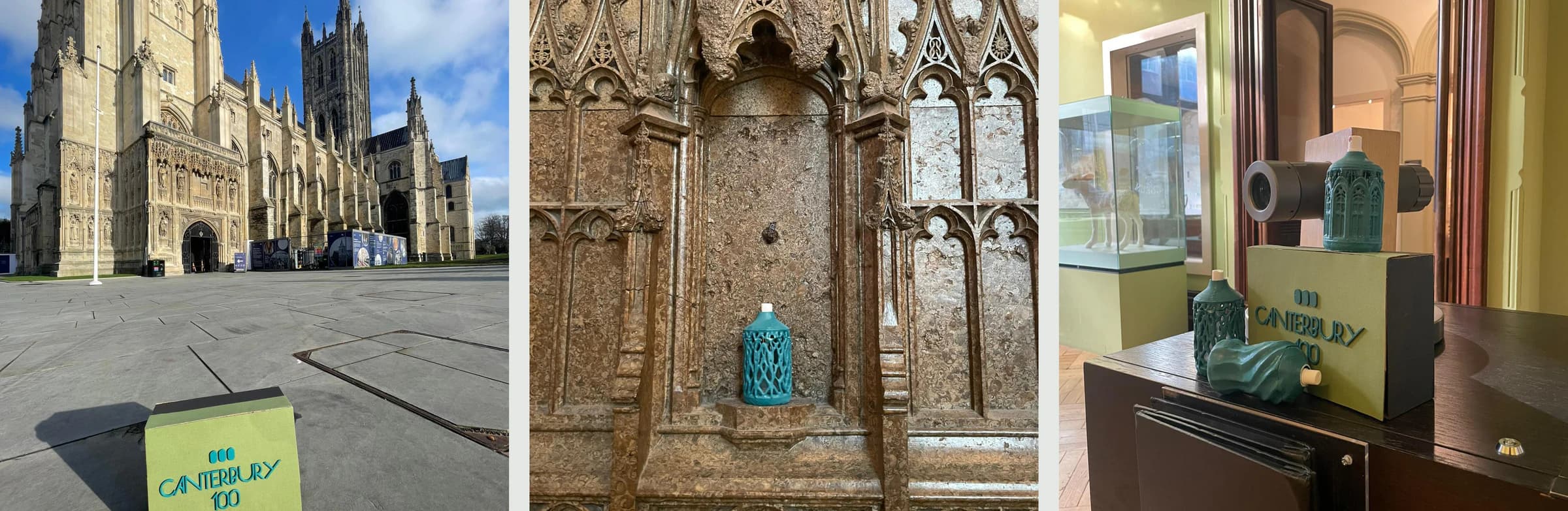 Three photos: the Canterbury 100 box in front of Canterbury Cathedral, a latticed bottle in a carved stone niche, and the box and bottles on a table inside the Beaney.