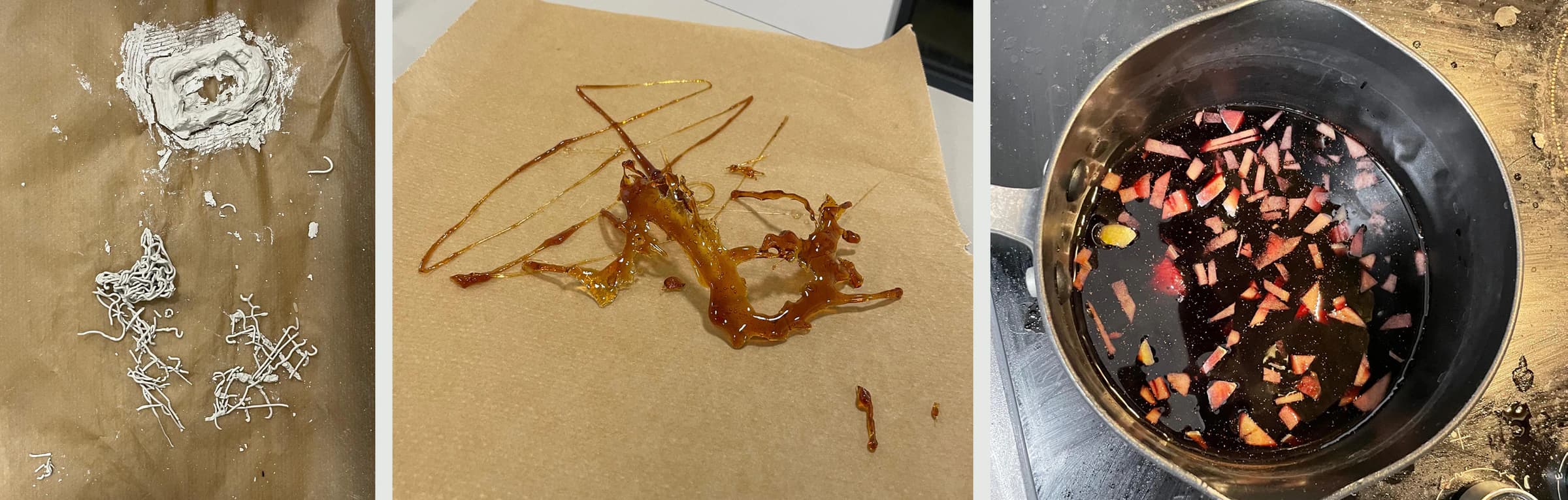 Three photos: dried clay mesh shapes on brown paper, a tangle of amber caramel strands on paper, and a pan of red wine with chopped apple.