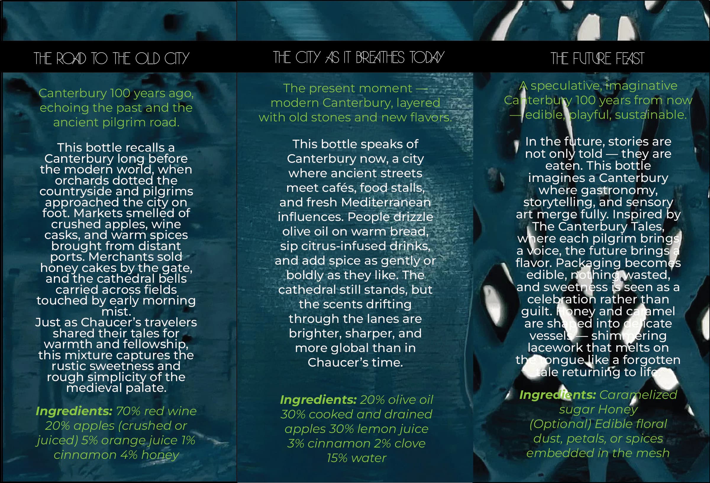 The info card from inside the box, in three teal panels. The road to the old city: Canterbury 100 years ago, with 70 per cent red wine, apples, orange juice, cinnamon and honey. The city as it breathes today: modern Canterbury, with olive oil, cooked apples, lemon juice, cinnamon, clove and water. The future feast: a speculative Canterbury 100 years from now, with caramelised sugar and honey shaped into an edible mesh.
