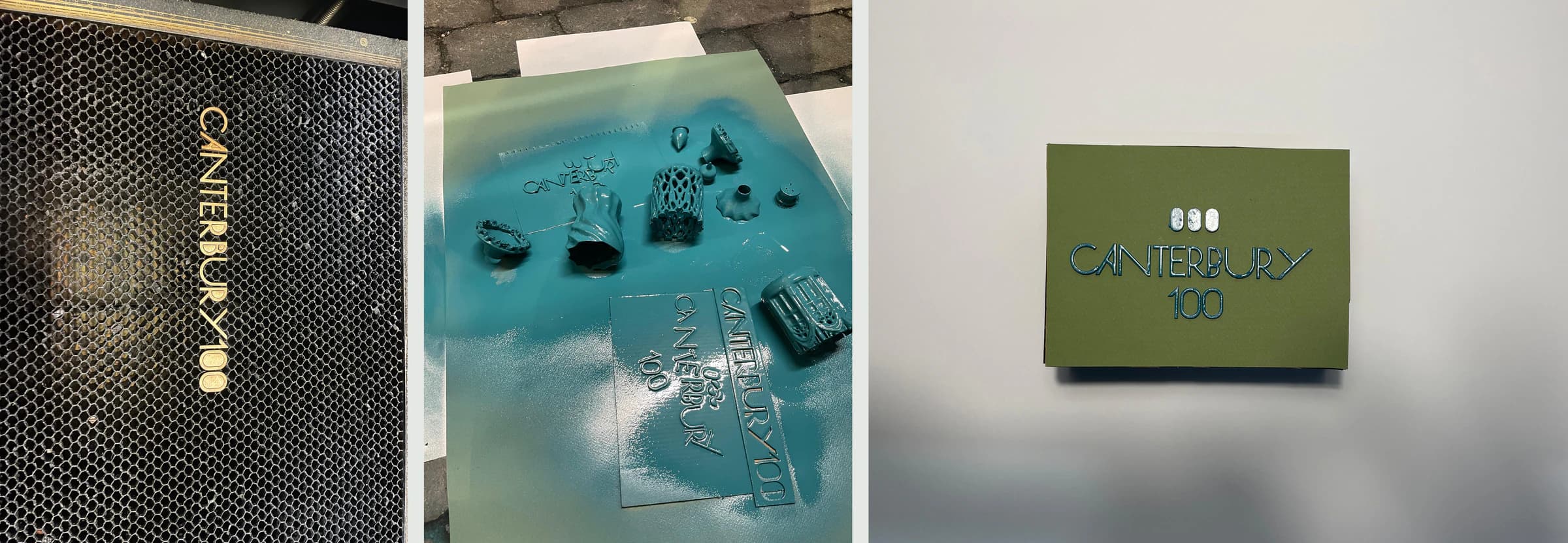 Three photos: the Canterbury 100 lettering cut on a laser cutter bed, the printed bottle parts and lettering sprayed teal on a board, and the finished green box with the teal logo on its lid.
