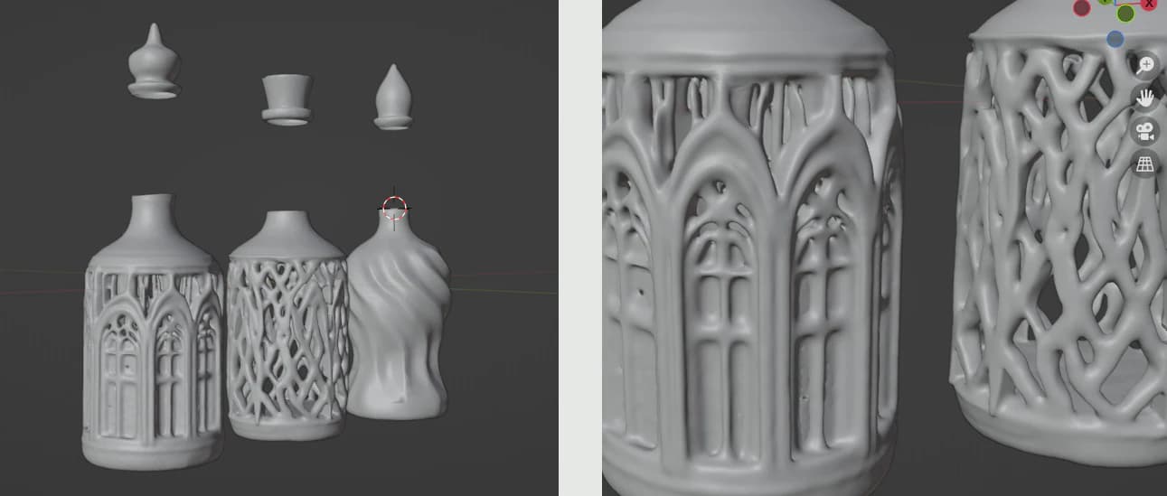 Two Blender screenshots. Three grey bottle models with their stoppers floating above, one arched, one latticed and one twisted, and a close-up of the arched and latticed surfaces.