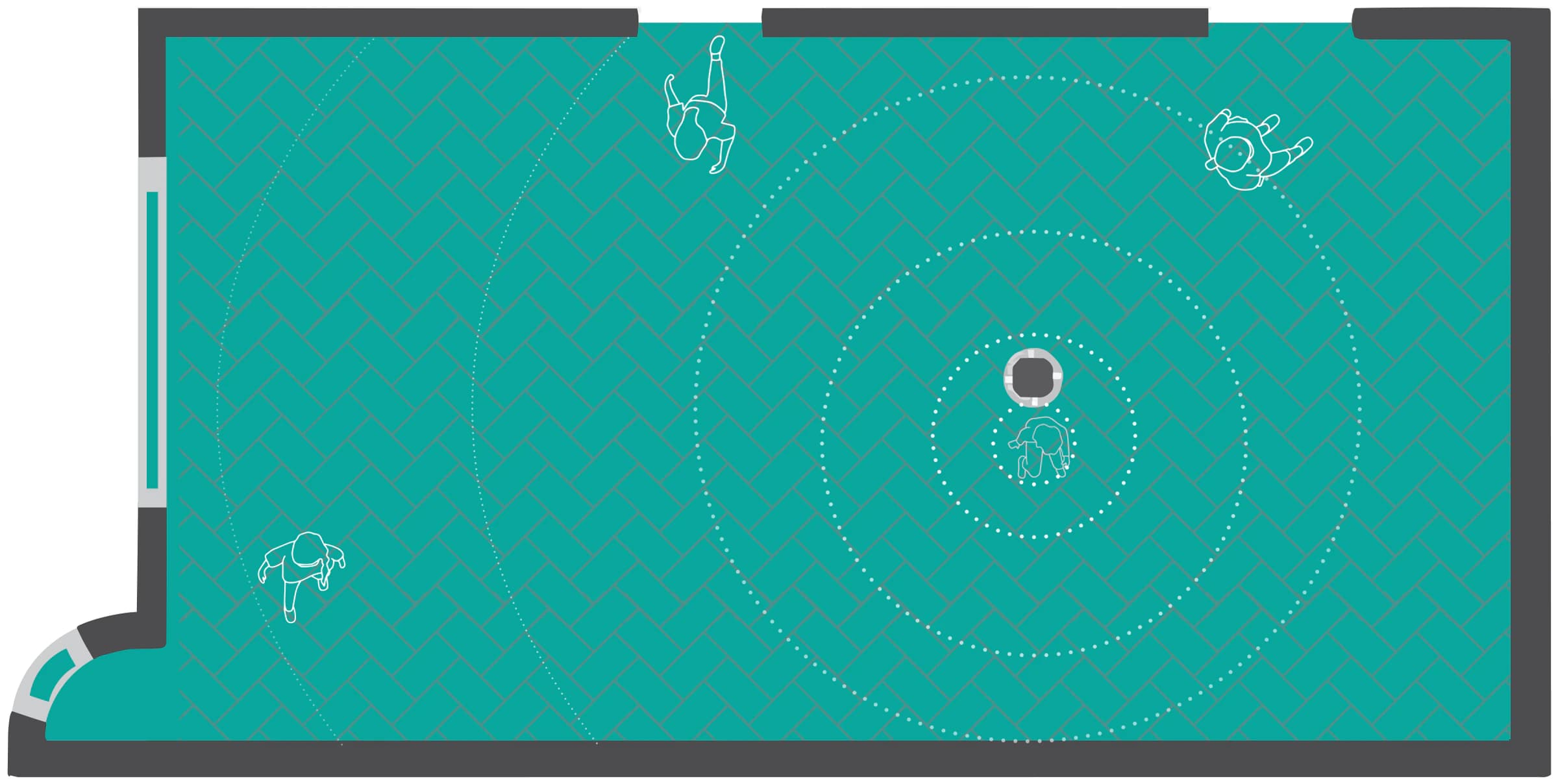 A floor plan of the Garden Room in teal. Dotted rings spread from the bottle at its centre, fading towards the walls, with four visitors drawn from above at different distances.