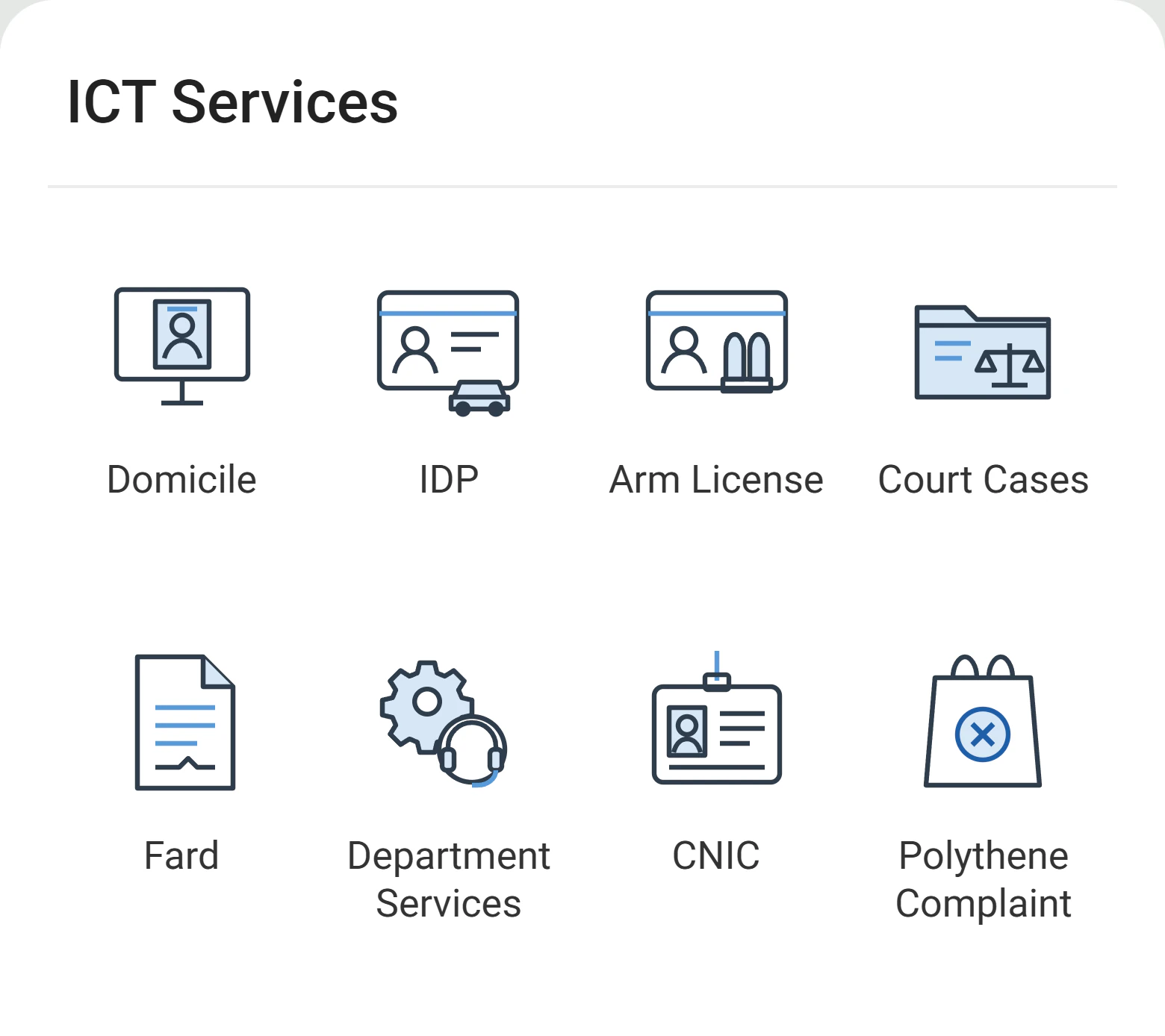 The ICT services grid: line icons for Domicile, IDP, Arm License, Court Cases, Fard, Department Services, CNIC and Polythene Complaint.