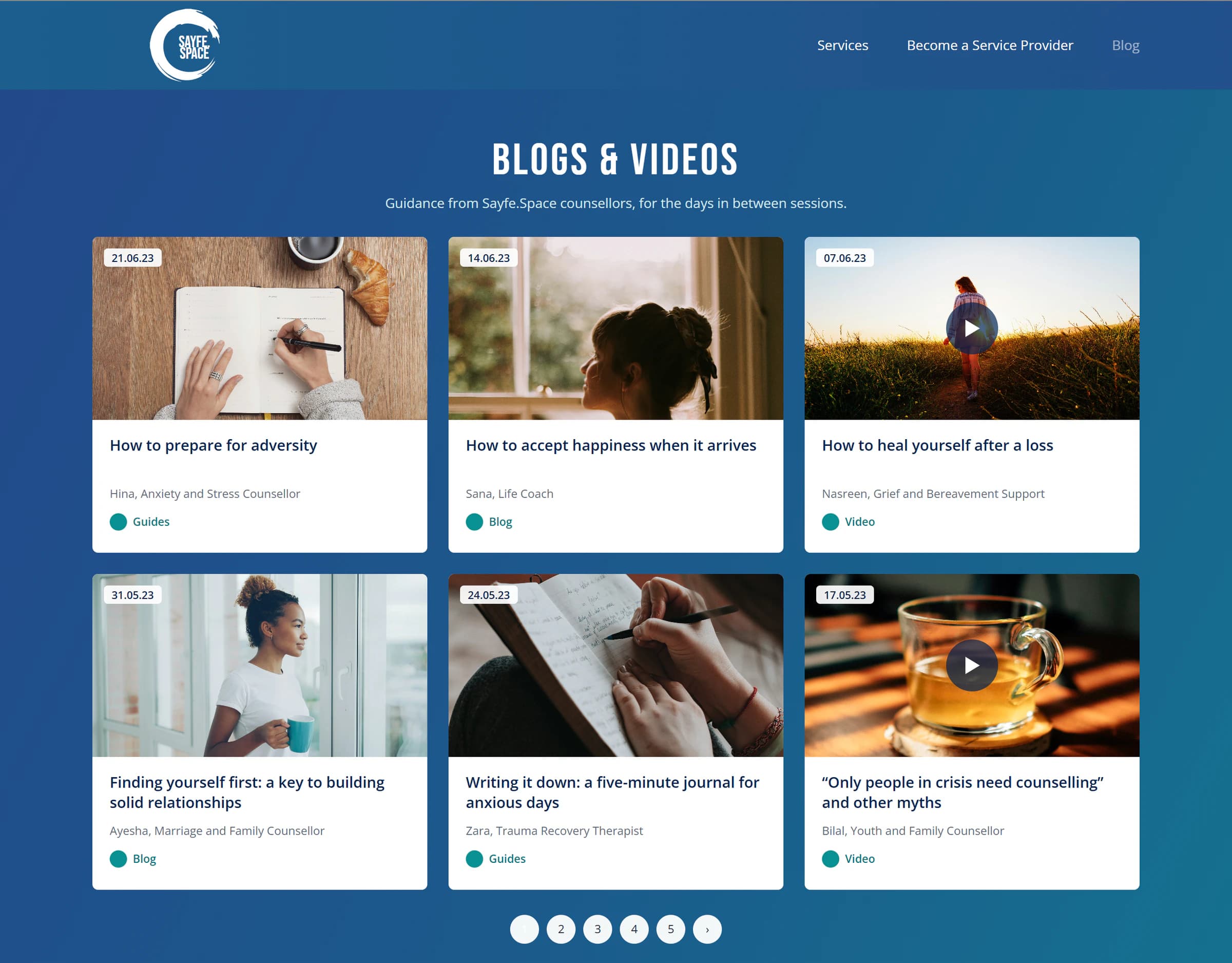 The blogs and videos page: six cards with photos, dates and titles such as “How to prepare for adversity”, “How to accept happiness when it arrives” and “How to heal yourself after a loss”, each with its author and a label for guides, blog or video.
