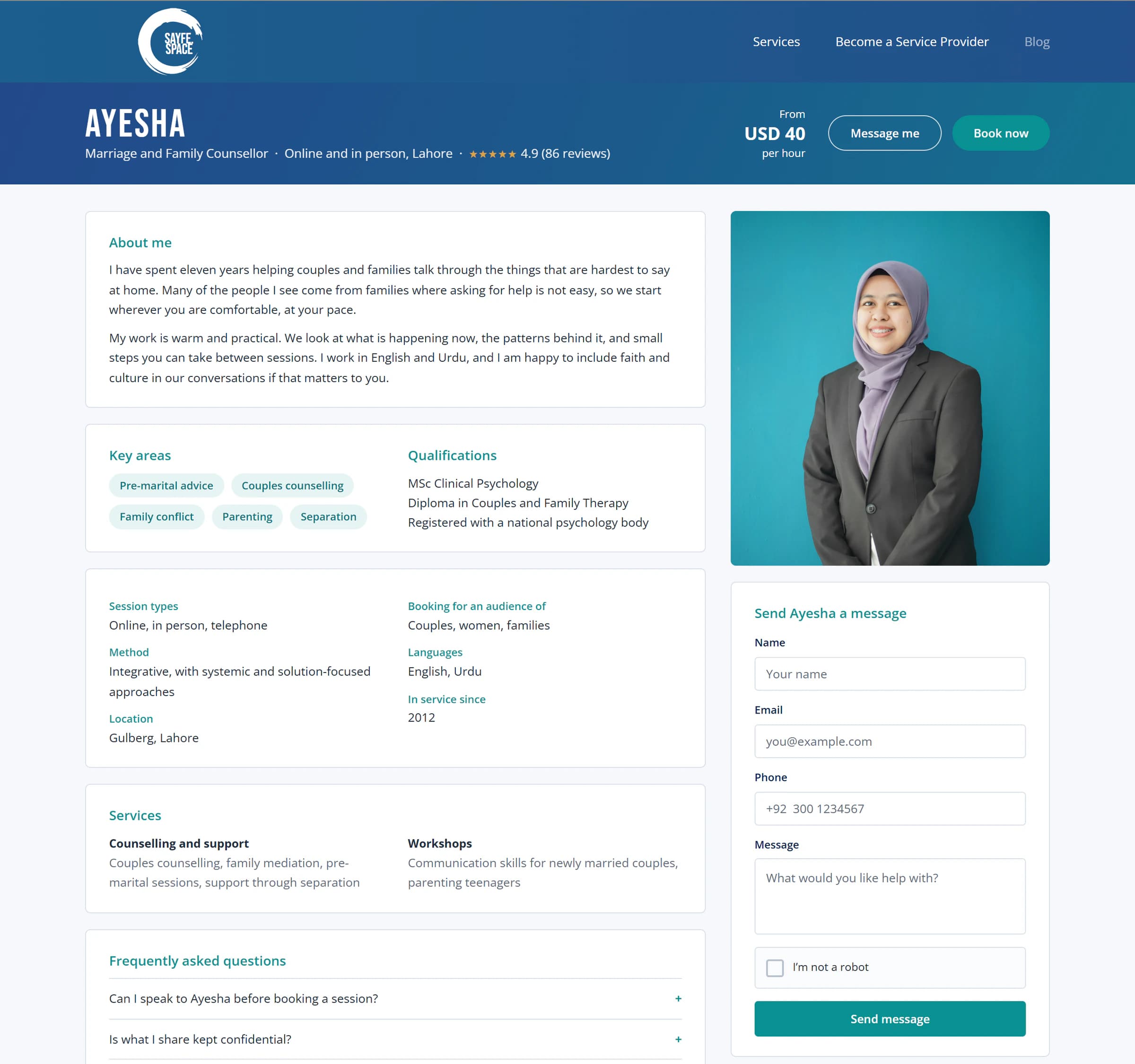A counsellor’s profile page for Ayesha, a marriage and family counsellor, from USD 40 per hour, with buttons to message or book. Sections for about me, key areas, qualifications, session types, languages, services and frequently asked questions, beside her photo and a form to send her a message.