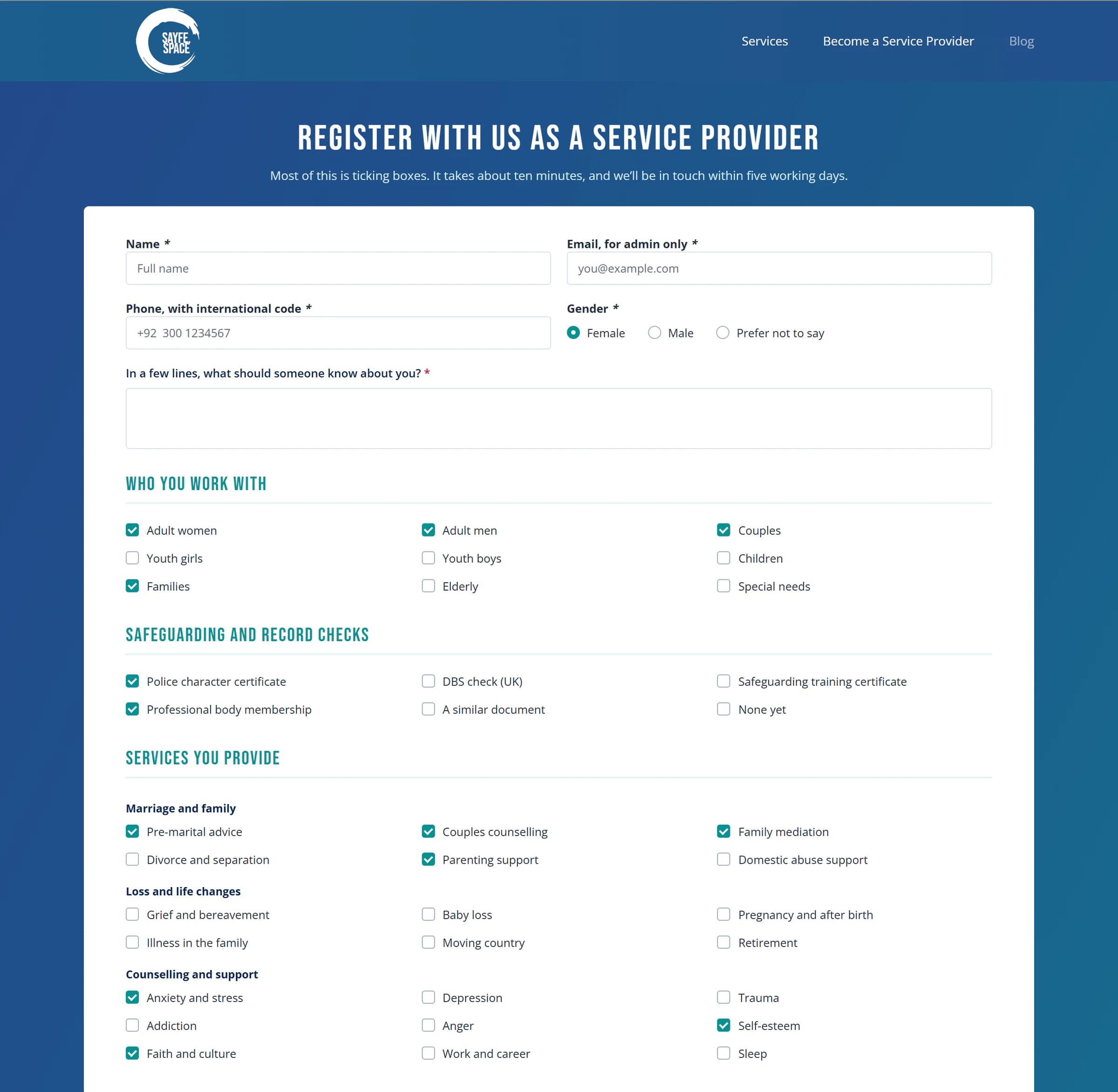 The form to register as a service provider. Fields for name, email, phone and gender, then groups of checkboxes: who you work with, safeguarding and record checks, and the services you provide, from pre-marital advice to grief and anxiety support.