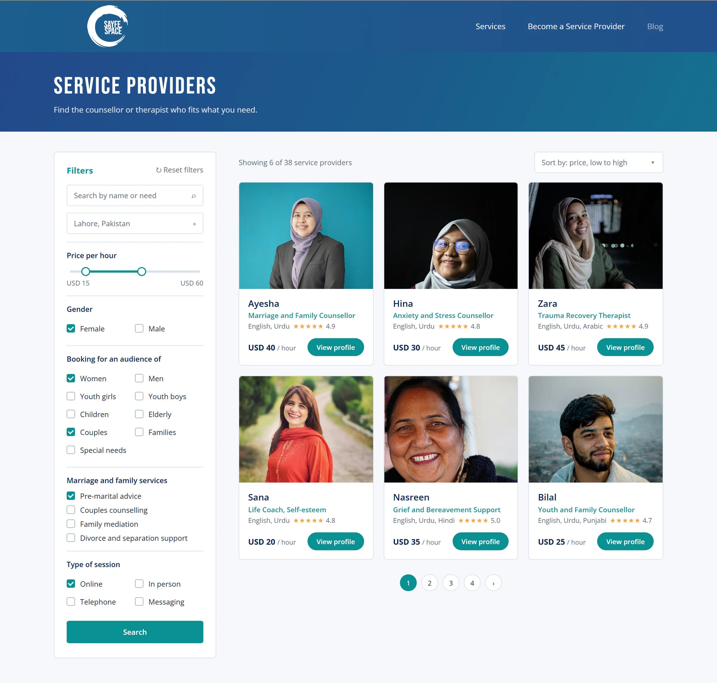 The service providers page. On the left, filters for search, location, price per hour, gender, who the booking is for, marriage and family services, and type of session. On the right, six counsellor cards, each with a photo, speciality, languages, rating, price and a button to view the profile.