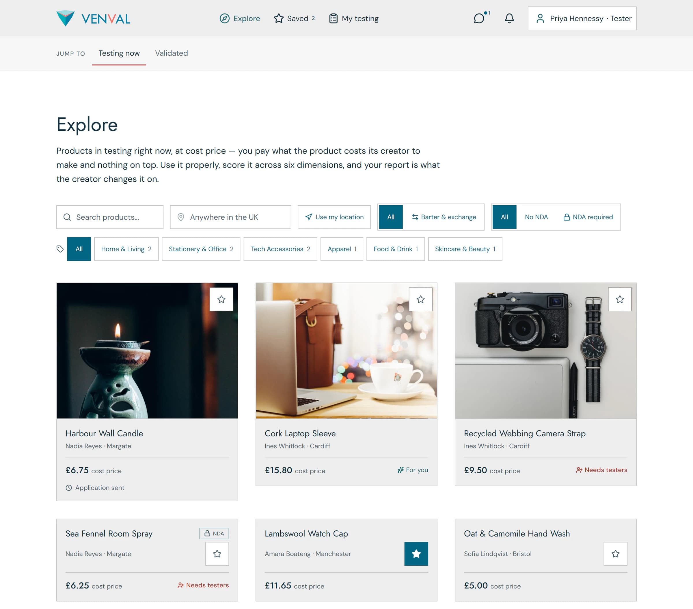 Explore on Venval, signed in as a tester. A search box, a location filter and category filters sit above a grid of products in testing, each card giving the creator, their town and a cost price: a candle at £6.75, a cork laptop sleeve at £15.80, a camera strap at £9.50, a room spray at £6.25, a watch cap at £11.65 and a hand wash at £5.00.