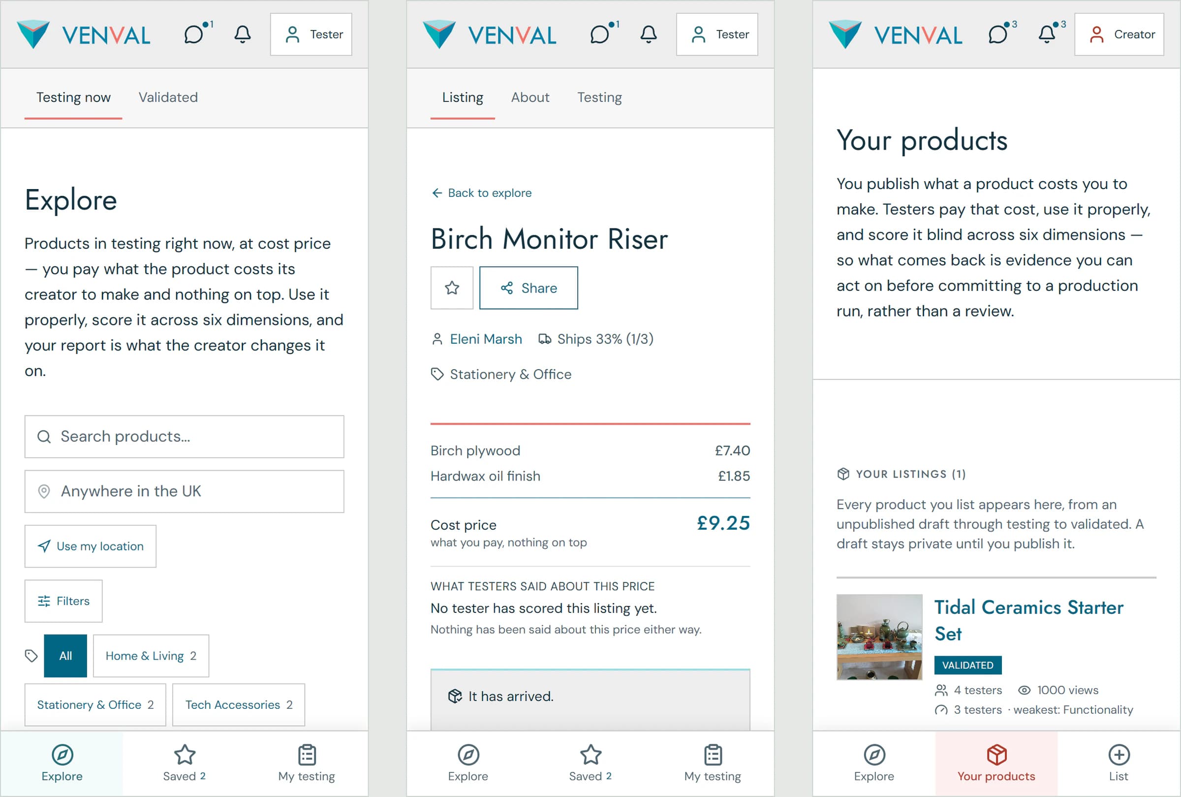 Three phone screens at 375px. Explore, with search, location and category filters stacked full width. A listing for a birch monitor riser, with its cost lines adding up to a £9.25 cost price. A creator’s products, with a validated ceramics set. Each has a bottom bar of three large tabs.