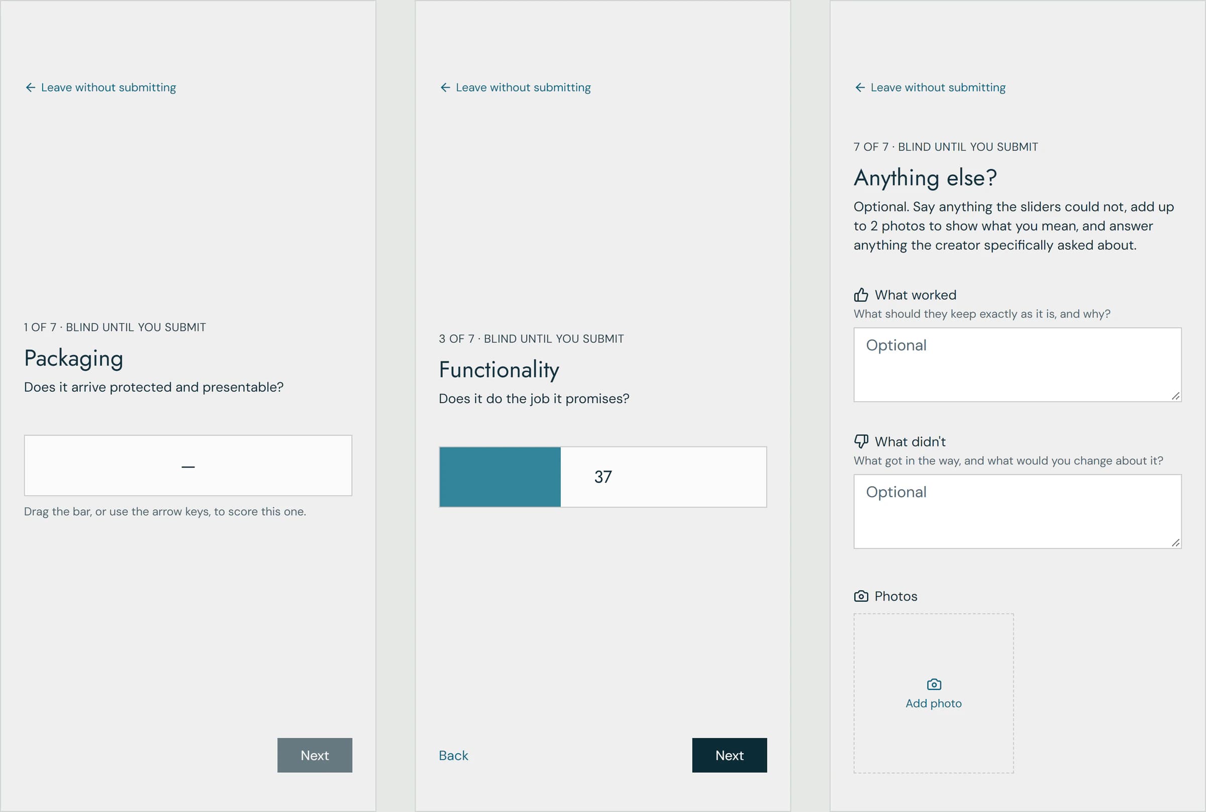 Three phone screens from the scoring flow, each labelled blind until you submit. Step 1 of 7 asks about packaging: does it arrive protected and presentable? Step 3 asks whether it does the job it promises, with a score of 37 on the bar. Step 7 asks for anything else, with optional boxes for what worked, what didn’t, and photos.